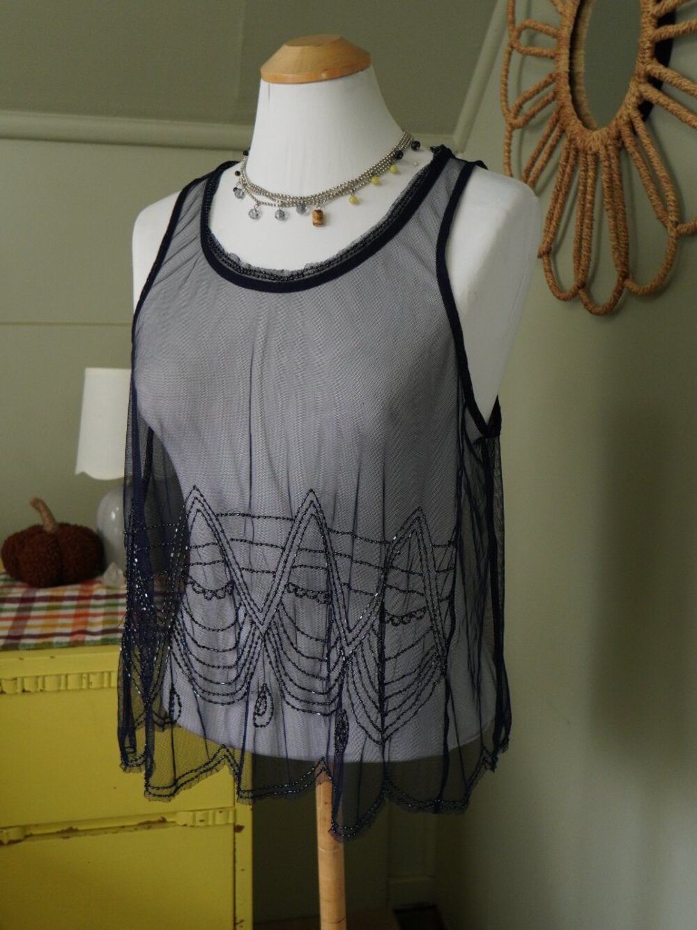 blue sheer american eagle beaded boho tank
